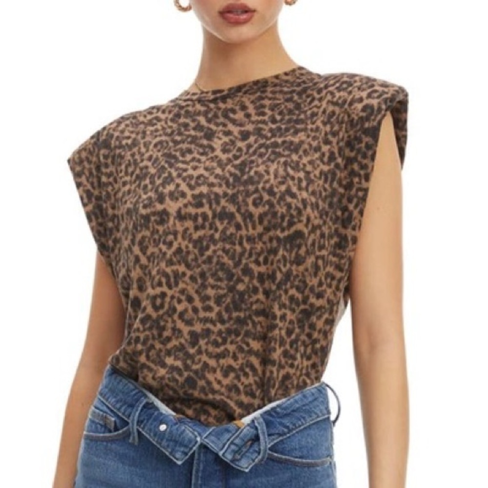 Good American Leopard Print Shoulder-Pad Tank Top in Brown and Black